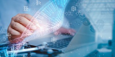 Researcher using a laptop with a digital DNA helix and molecular biology graphics overlaid, illustrating connected workflows for sequence design, data management, and therapeutic research.