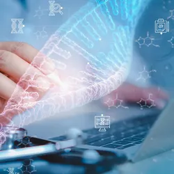Researcher using a laptop with a digital DNA helix and molecular biology graphics overlaid, illustrating connected workflows for sequence design, data management, and therapeutic research.