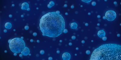 Illustration of multiple three-dimensional patient-derived organoids suspended against a dark blue background, representing tumor models used in precision oncology research.