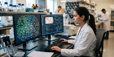 A researcher examines a genomic data visualization on screen in a translational research lab.