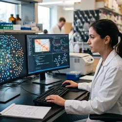 A researcher examines a genomic data visualization on screen in a translational research lab.