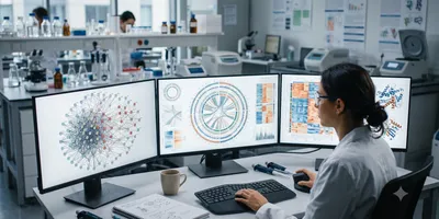 Researcher reviewing layered omics data visualizations displayed on monitors in a translational research lab setting.