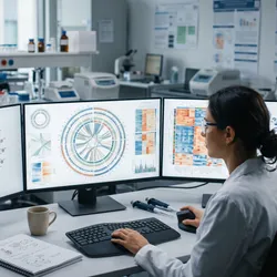 Researcher reviewing layered omics data visualizations displayed on monitors in a translational research lab setting.