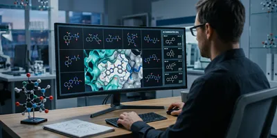 Computational chemist reviewing AI-generated three-dimensional drug molecule structures docked in a protein binding pocket on screen  