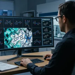 Computational chemist reviewing AI-generated three-dimensional drug molecule structures docked in a protein binding pocket on screen  