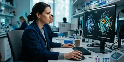Structural biologist comparing an AlphaFold-predicted protein structure with an experimental crystal structure of a drug target binding site on screen  