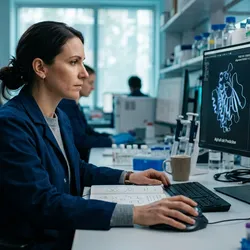 Structural biologist comparing an AlphaFold-predicted protein structure with an experimental crystal structure of a drug target binding site on screen  