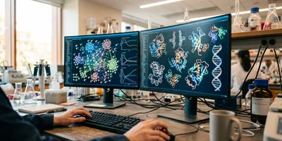 Computational biologist reviewing network diagrams and molecular data on monitors in a modern research lab.