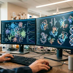 Computational biologist reviewing network diagrams and molecular data on monitors in a modern research lab.