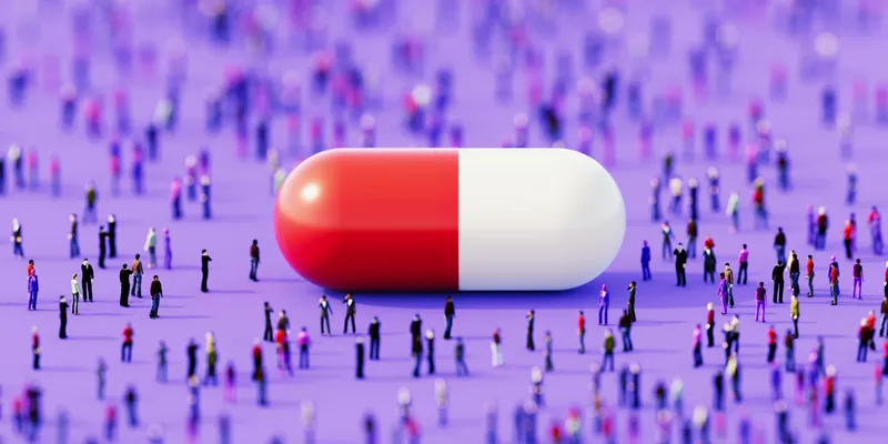 Red and white colored pill surrounded by a crowd of people on purple background.