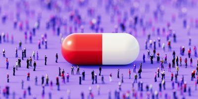 Red and white colored pill surrounded by a crowd of people on purple background.
