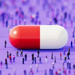 Red and white colored pill surrounded by a crowd of people on purple background.