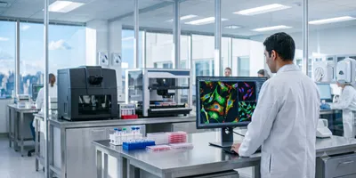 Scientist reviews fluorescent cell imaging data beside an automated microscope in a modern lab.