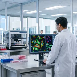 Scientist reviews fluorescent cell imaging data beside an automated microscope in a modern lab.