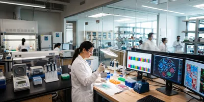 Researcher in a genomics lab reviewing genetic data beside lab equipment used for target validation.
