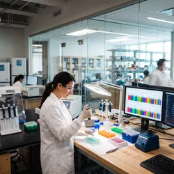 Researcher in a genomics lab reviewing genetic data beside lab equipment used for target validation.