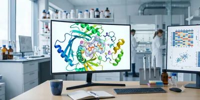 A computational chemist's workstation displays a protein-ligand docking visualization alongside data plots in daylight.