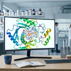 A computational chemist's workstation displays a protein-ligand docking visualization alongside data plots in daylight.