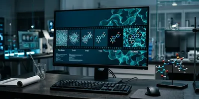 Computational chemist viewing a diffusion model denoising a cloud of atoms into a 3D drug molecule inside a protein binding pocket on screen  