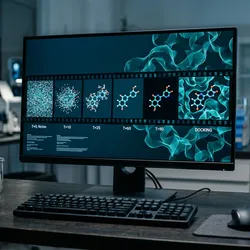 Computational chemist viewing a diffusion model denoising a cloud of atoms into a 3D drug molecule inside a protein binding pocket on screen  