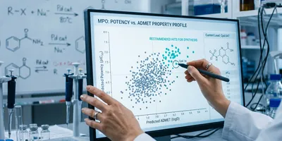 Medicinal chemist reviewing an AI multi-parameter optimization dashboard ranking drug analogues by predicted potency, selectivity and ADMET properties  