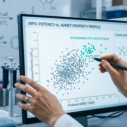 Medicinal chemist reviewing an AI multi-parameter optimization dashboard ranking drug analogues by predicted potency, selectivity and ADMET properties  