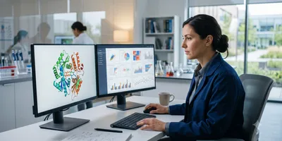 Scientist reviewing molecular data dashboards on dual monitors in a computational biology workstation.