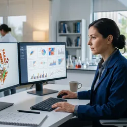 Scientist reviewing molecular data dashboards on dual monitors in a computational biology workstation.