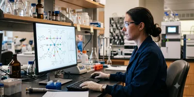 Scientist analyzing metabolic pathway data on a computer in a DMPK laboratory setting.