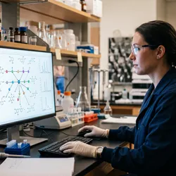 Scientist analyzing metabolic pathway data on a computer in a DMPK laboratory setting.