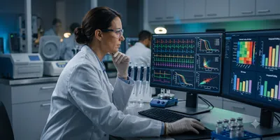 Scientist reviewing cardiac toxicity risk data on a monitor in a safety pharmacology laboratory.