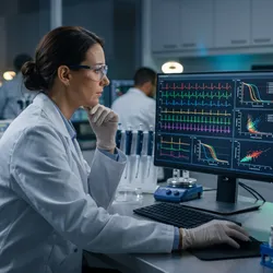 Scientist reviewing cardiac toxicity risk data on a monitor in a safety pharmacology laboratory.