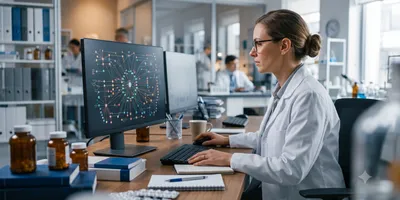 Researcher reviewing a drug interaction network diagram on a monitor in a clinical pharmacology office.