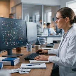 Researcher reviewing a drug interaction network diagram on a monitor in a clinical pharmacology office.