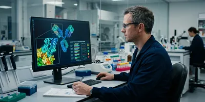 Protein scientist reviewing an AI-designed antibody structure with highlighted CDR loops binding an antigen epitope on screen.