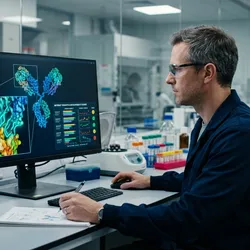 Protein scientist reviewing an AI-designed antibody structure with highlighted CDR loops binding an antigen epitope on screen.