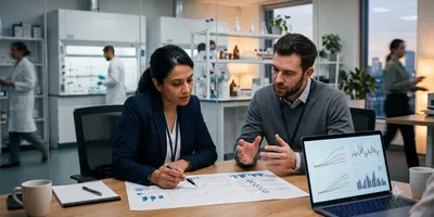 Two scientists reviewing ADMET prediction confidence data during a discovery team meeting.