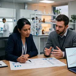 Two scientists reviewing ADMET prediction confidence data during a discovery team meeting.