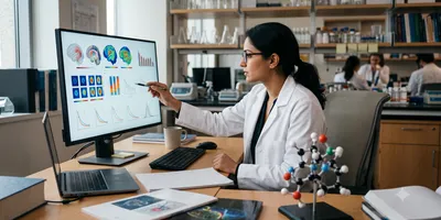 Scientist reviewing brain permeability prediction data on a monitor in a CNS research office.