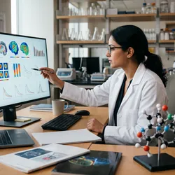 Scientist reviewing brain permeability prediction data on a monitor in a CNS research office.