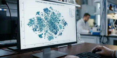 Computational chemist reviewing an AI-generated virtual compound library on a laboratory workstation screen