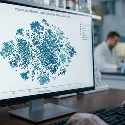Computational chemist reviewing an AI-generated virtual compound library on a laboratory workstation screen  
