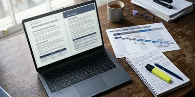 Regulatory affairs scientist reviewing FDA and EMA AI guidance documents alongside a drug development timeline