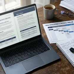 Regulatory affairs scientist reviewing FDA and EMA AI guidance documents alongside a drug development timeline  