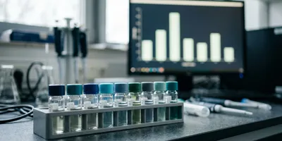 Laboratory sample rack with vials beside a monitor showing a population data bar chart  