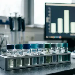 Laboratory sample rack with vials beside a monitor showing a population data bar chart  