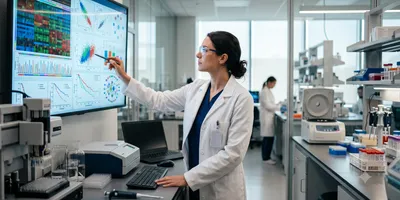 A researcher reviews genomic biomarker data on a screen in a modern clinical research laboratory.