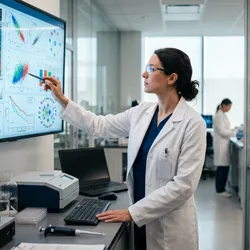 A researcher reviews genomic biomarker data on a screen in a modern clinical research laboratory.
