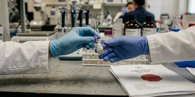Two gloved hands exchanging a small vial across a lab bench, a patent-style document nearby 
