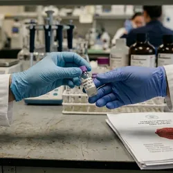 Two gloved hands exchanging a small vial across a lab bench, a patent-style document nearby 